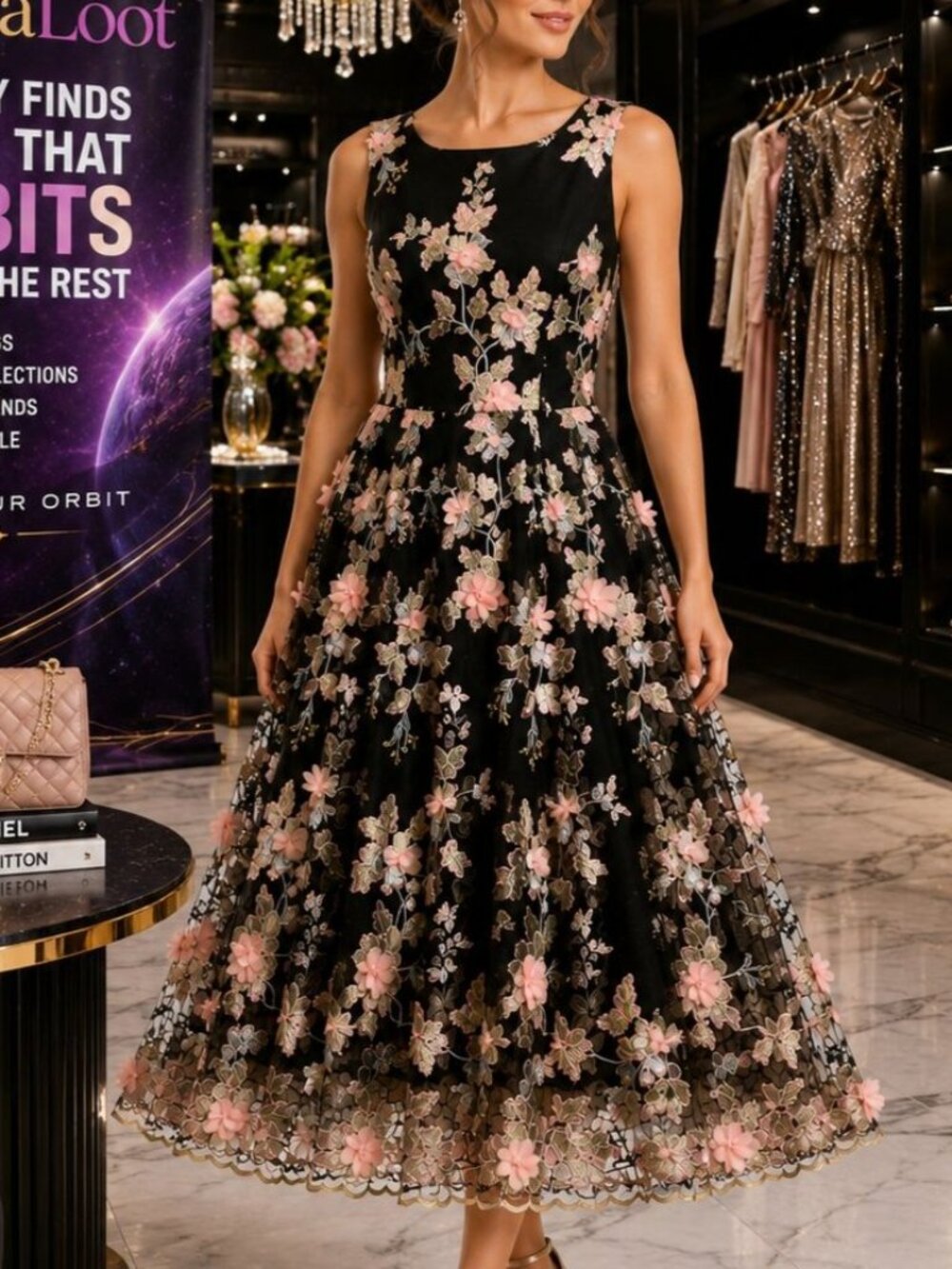 Alex Evenings Sz 8 Black Floral Embroidered Mesh Fit & Flare Midi Dress NWT